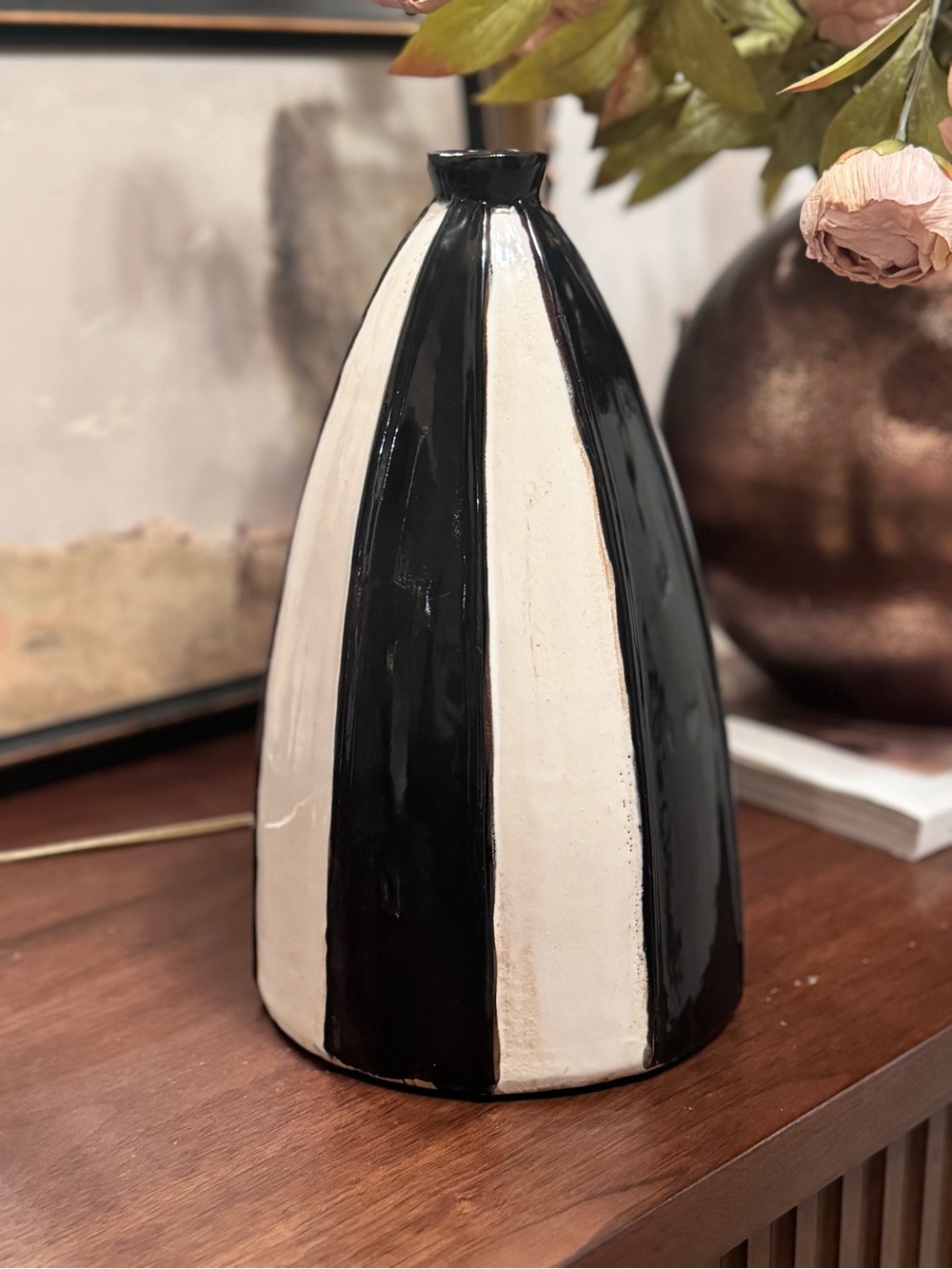 Rare  Studio Pottery Vase: Black & White Striped Mid-Century Modern Decor 11.5”
